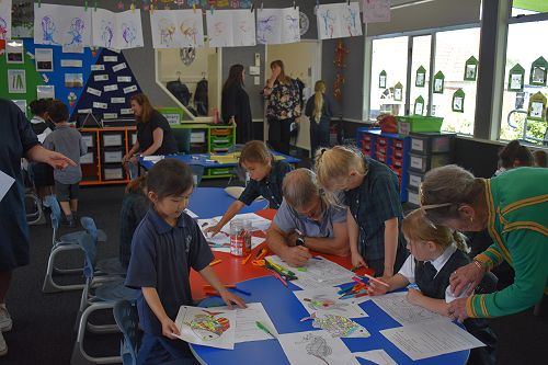 Students, Grandparents and friends creating artworks together
