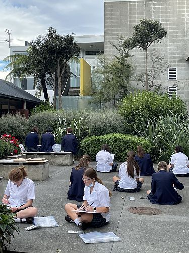 Year 11 students outside to draw native plants