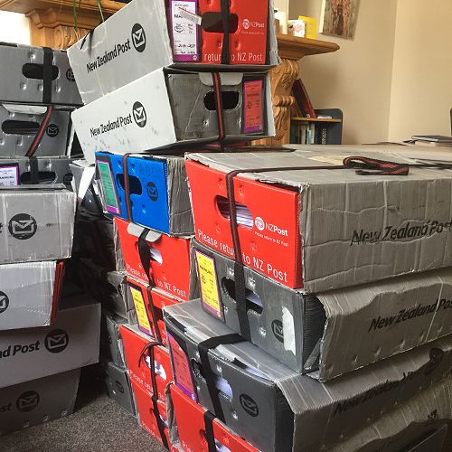 Tui Motu magazines packed and boxed ready for posting