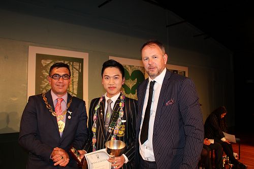 Dux for 2018 Hung Tien Ly with Principal John Murdoch and Mayor for Porirua, Mike Tana