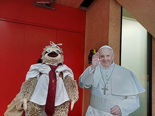 Our school mascot crumpet with the honourable Pope Francis