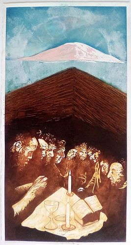 Print of scene representing Rev'd Arnold Spencer Smith celebrating Mass on the ice with Mt Erebus behind (1/3 prints by Manu Berry)