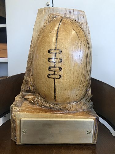 The John Steel Trophy - carved by Mr Jeff Harnish, a Tech Wood teacher at HBHS, from an old oak tree that fell on HBHS property.