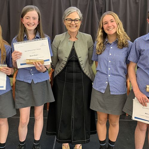 2023 Best all round students (L-R) Elliot Lovelock (Y7), Alice Chaly (Y7), Principal Nicola Jacobsen, Sammy Watkins (Y8), Holly Radford (Y8)