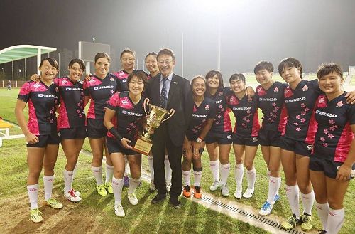 Wakaba Hara (extreme right) and her Japan Women's Sevens team-mates after winning the Asian Womens Sevens in Korea this month.  (Mayu Shimizu is third from the right.) 