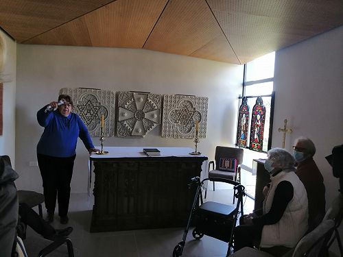 Rev Jill Keir in the beautiful chapel combining old and new.