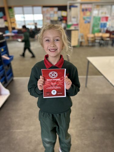 Charlotte received her active thinking certificate in class today. Congratulations Charlotte.