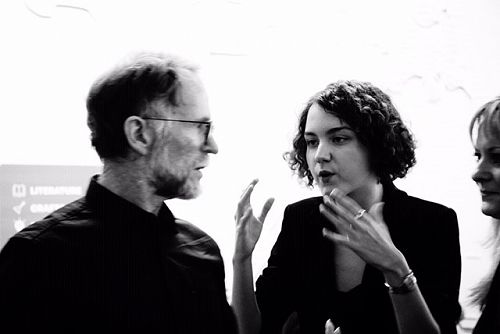 David Howard with the
composer Sofia Filyanima and Elena Titova of Ulyanovsk City of
Literature at the opening of Literary Hall. (Photo by Dimitry Potapov)