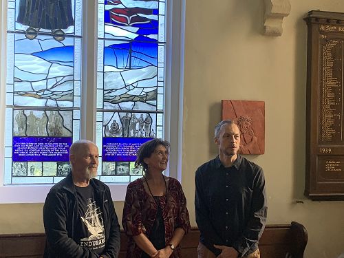 Window maker (Peter McKenzie), the artist (Jenna Packer) and stonemason (Marcus Wainwright)