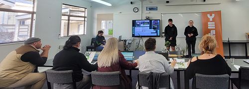 YES Challenge 2 Pitch. Rata Rushby and Morgan Burrows represent our team infront of the YES judges.