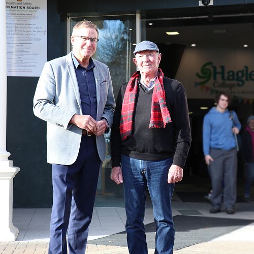 Principal Mike Fowler & Paddy Grant, Hagley’s first adult student