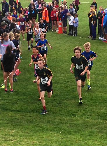 Joshua Noble (1239) and Jayden Gordon (1238) storm up the first hill at AIMS Cross Country