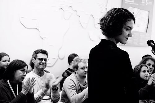 The composer Sofia Filyanima is applauded after the premiere performance of 'Roll of Honour', her setting of poems by David Howard.

 (Photo by Dimitry Potapov)
