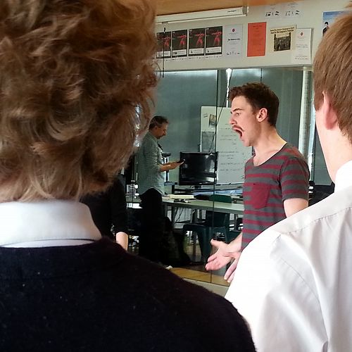 Fortune Theatre actor Simon Leary demonstrates vocal techniques with the senior drama class