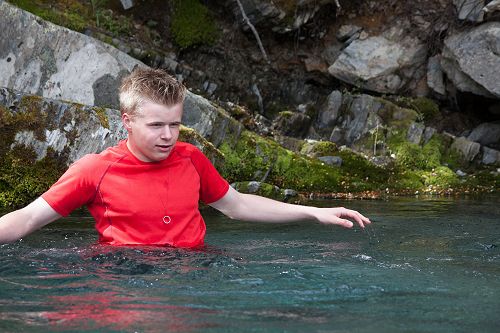 Johnny Baker has a rinse off after a hot days walk.