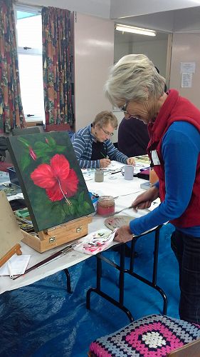 Margaret Calder with her vivid piece