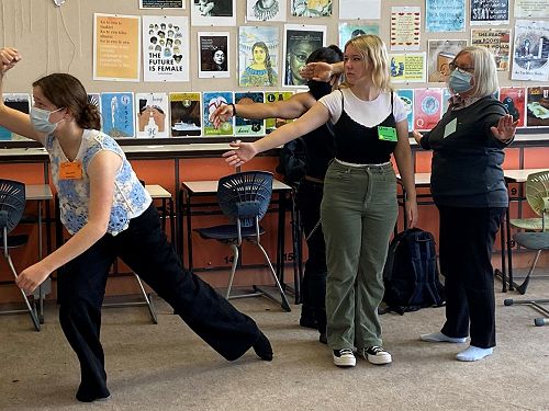 Molly Clarke and Tamsyn Mitchem exploring creative movement at a drama workshop