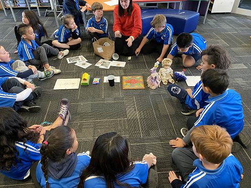 The students are making a time line with the toys and games suggesting where they might fit.