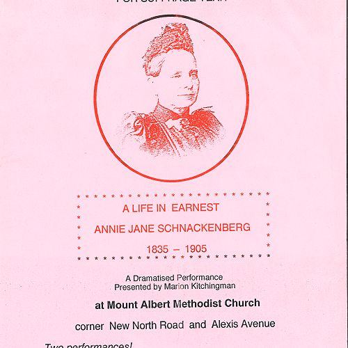 Flyer promoting a 1993 event celebrating the life of Annie Schnackenberg, courtesy of Methodist Church of NZ Archives. 