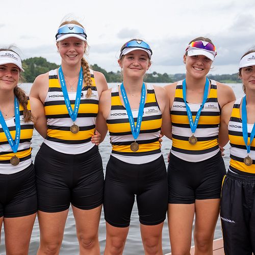Freddie Savill, Olive Montomerie, Zara Brangywnne, Sophie Dunn and Reegan Isaac (coxswain)