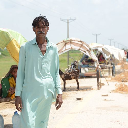 Beru, a father of six children, worked as a casual labourer in Sindh province. His family is living on a small piece of dry land next to the road after massive flooding uprooted millions of Pakistanis from their homes.