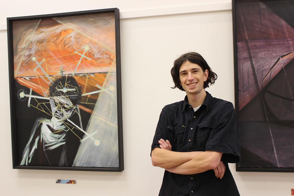 Nick Guilford at his solo exhibition 'Ecdysis' at the Dunedin Community Gallery