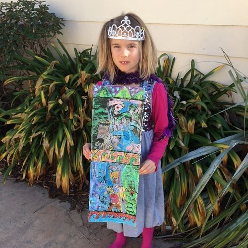 Maggie and her crayon batik panel.