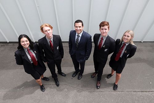 Aimee Lewis (far right) alongside (left to right) Jaid Van den Berg-Kaire, Josh Holmes, principal Daniel Wilson and Stuart Lowe.