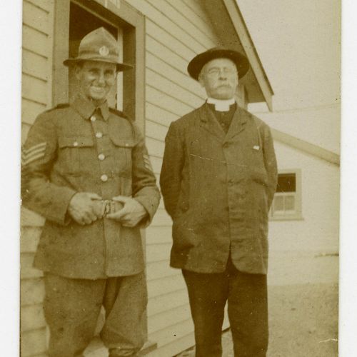 Rev.
Adam Madill  (left) with an older
Presbyterian minister, thought to be Rev. James McKenzie, outside an officer’s
hut in the army camp at Trentham (circa early 1916).
