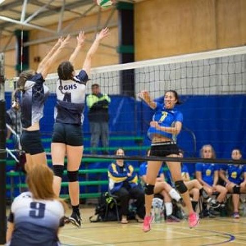 Maddy Campbell and Taylor Thorne executing a block against Whangarei girls in the quarter finals at the recent National secondary School Volleyball Championships held in Palmerston north.