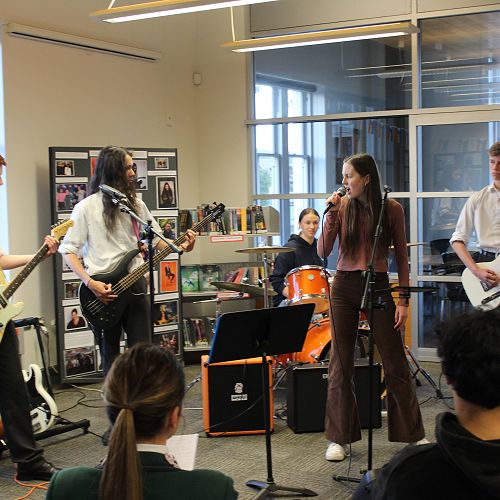 Columba and Otago Boys' band Just Us performing at the Edgar Learning Centre
