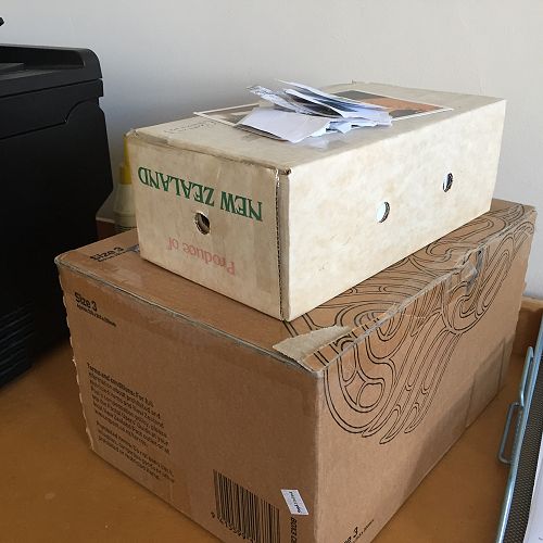 Boxes — big, small and little parcels — of stamps received!