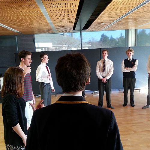 Fortune Theatre actor Simon Leary takes the senior drama class through some vocal exercises