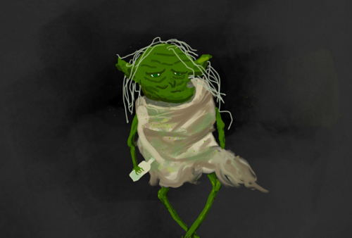 A student's image of a sprite, p'shog, fairy, or ka-dalun, from Artemis Fowl, by Eoin Fowler. This is a fun book about an evil genius who plans to steal gold from fairies, who live near the centre of Earth.