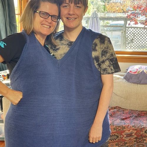 Jackie and her son Ryan modelling one of her handcrafts.....NB:  It wasn’t her knitting it was the wool!