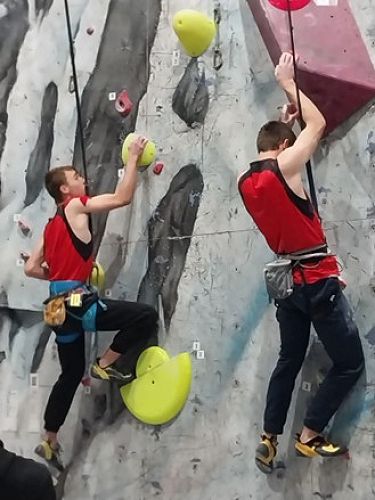 On the Top rope climb at the NZSS Competition. From left, Sam Basel and Levon Ladewig.