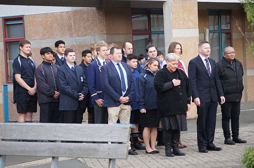 The Timaru contingent are welcomed. In the front row are from left; Sharon Melrose - Manuhiri Kaikaranga, Nick McIvor and Te Wera King - Mahuhiri Kaumatua.