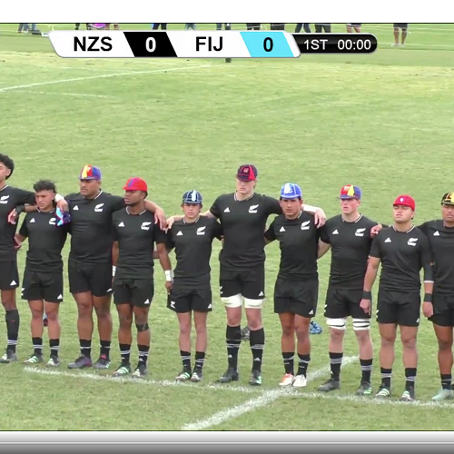 Dylan Pledger is seventh from the right wearing his King's High School 1st XV Cap
whilst singing the National Anthem before his game for NZ Schools against Fiji
U18's
