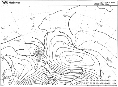 Example of a chart transmitted via Radiofax, a mean sea level analysis valid at 6am on 13 April 2022 NZST.