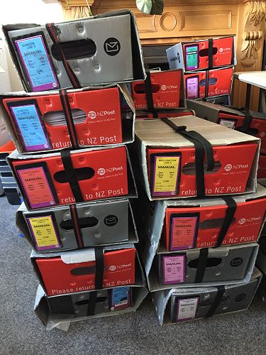 Feb 2023 issue packed and ready for collection by courier to take to NZ Post. (30 January 2023)