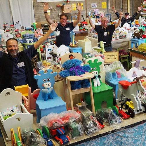Rotary Club of Charles Sturt Grange, toy makers, L-R; Laurence Andris, Doug
Beer, Colin Williams, Sam Barbara