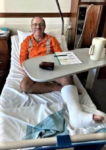 Now this is dedication for you - President Brendan from Walkerston, after a run in with a bull, still running the Club from his hospital bed.