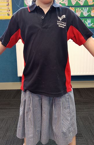 Blue and white gingham culottes + Navy & red polo shirt (logo)