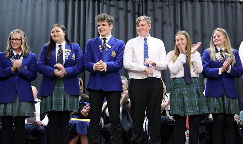 Prefects presentation, from left; Caitlin Jenkins, Te Puawaiora Nepe Apatu, Abel King, Andrew Marshall, Savannah Williams, Samantha Taylor.