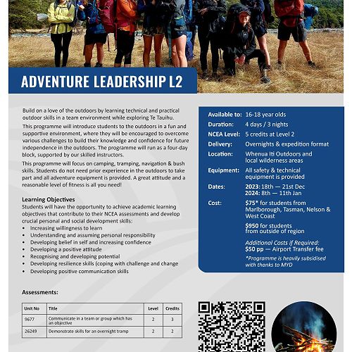 Outdoors Adventure opportunity for students aged 16-18.  Learn bush skills with Whenua Iti, gain L2 credits and have a 4 day adventure over the Christmas holidays - limited places.