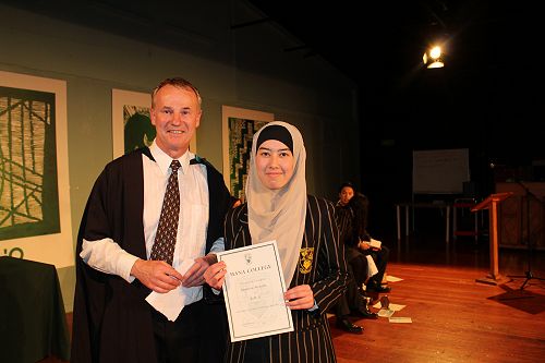 Tasneem Morgan with Mr David Douglas, receiving the Hutt Mana Charitable Trust Energy Scholarship