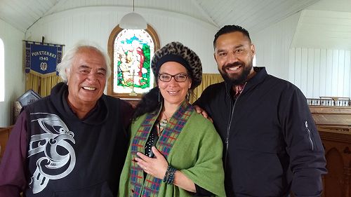 Matua Olly Ohlson, Jessica Latton and Tamati Patuwai of Mad Ave Auckland, after Olly’s teaching session in the Whare Karakia, Puketeraki Marae. National Māori Theatre Hui, 26-29 November 2020. Image 