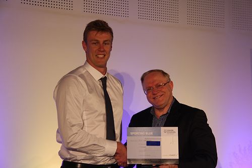 Kyle Jamieson receiving his Lincoln University Blue for Cricket from Vice Chancellor Robin Pollard