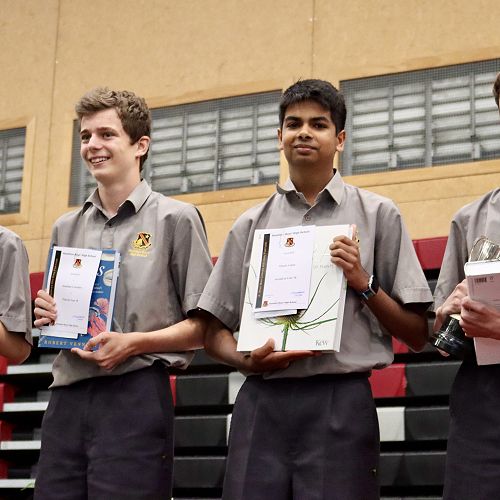 Junior Dux of 2022, Conor McCormack (right), with (from left) Xinliang He, Jonathan Crowther, and Nikash Lanka