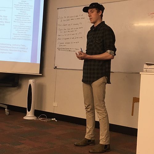 Griffin Hadland presenting his pitch.